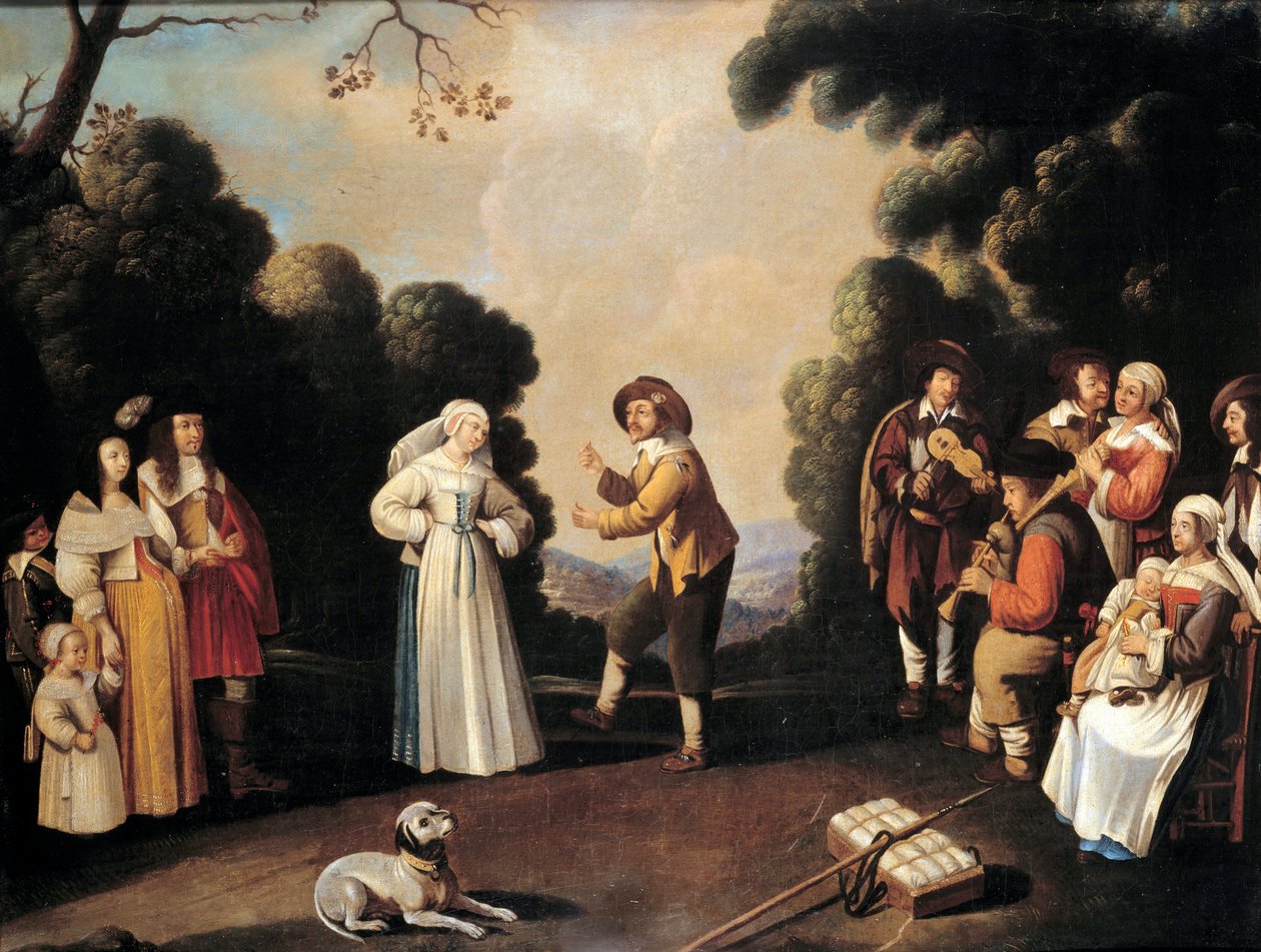 Landsbydansescene sandsynligvis ved en bryllupsfest, en gravid kvinde til venstre. Maleri af den franske skole. Avignon fra det 17. århundrede, Musee Calvet af French School