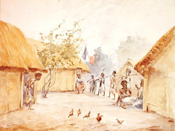 Landsby på Madagaskar på tidspunktet for dens erobring af Frankrig i 1895-96 (akvarel på papir) af French School
