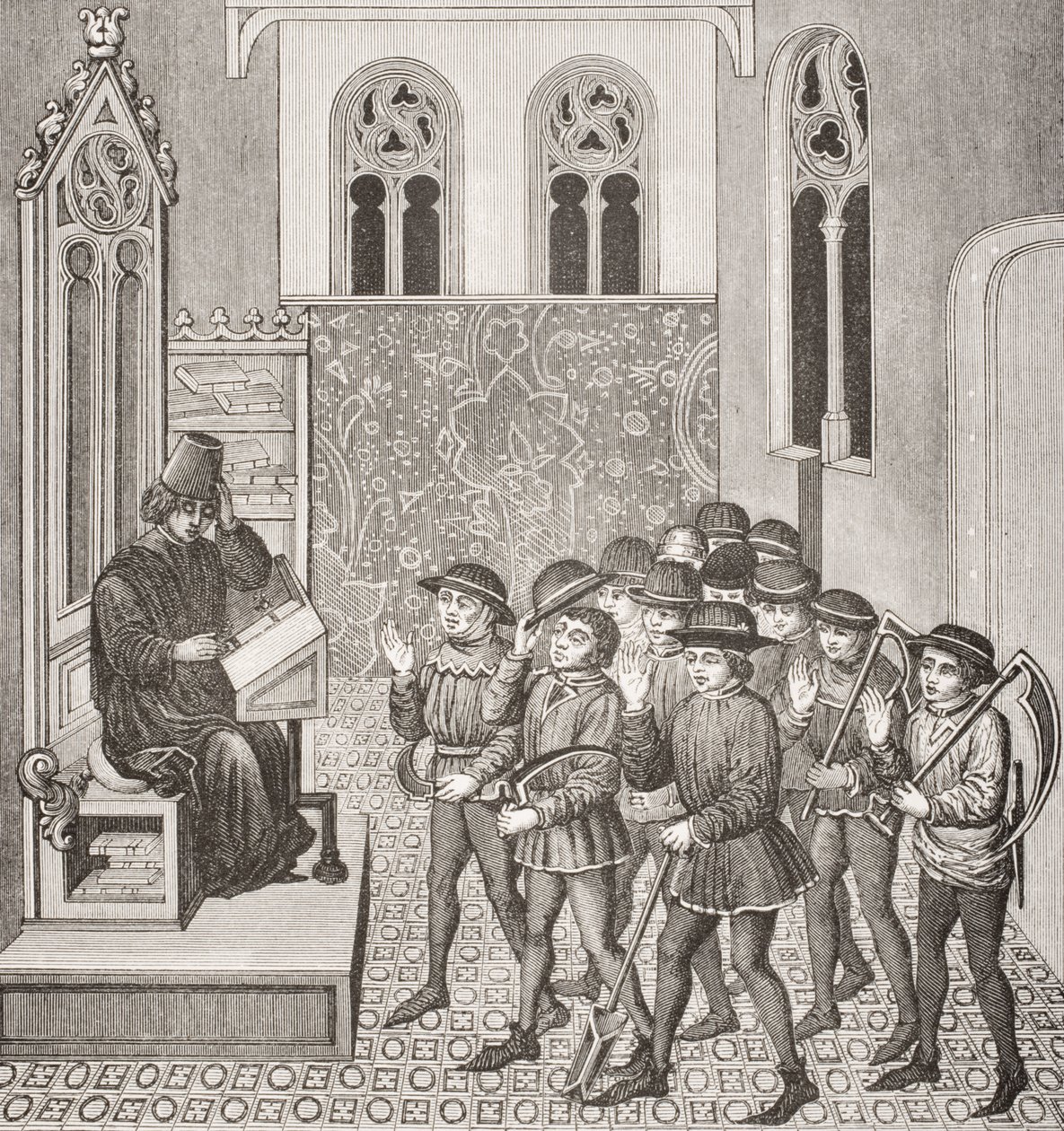 Skurke, der modtager deres Lords Orders, før de går på arbejde, efter en miniature i et manuskript fra det 15. århundrede, fra Le Moyen Age et La Renaissance af Paul Lacroix (1806-84) udgivet 1847 af French School