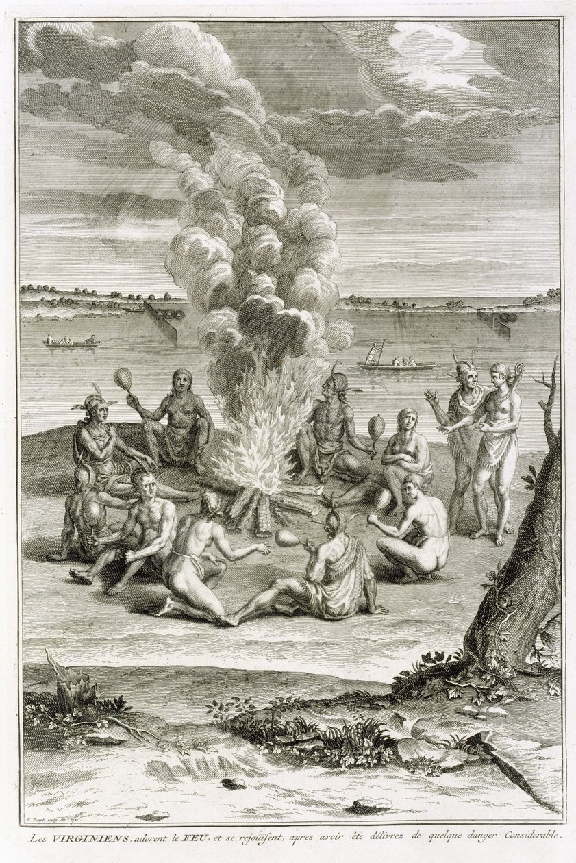 Virginians, der tilbeder ild og fryder sig efter at være blevet udfriet fra betydelig fare, illustration fra religiøse ceremonier og skikke, indgraveret af Bernard Picart (1673-1733) 1721 af French School