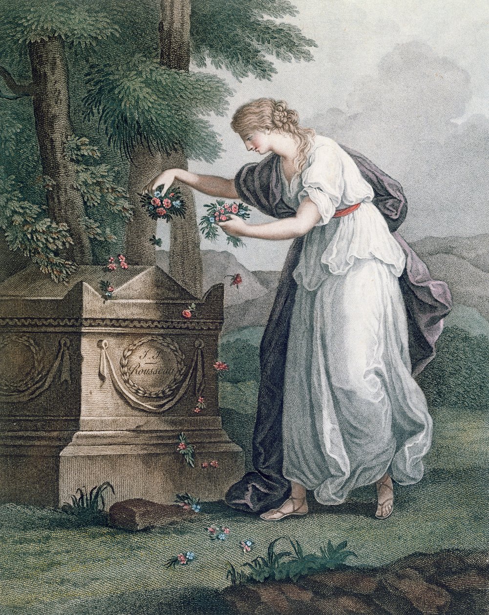 Dyd hylder Rousseaus grav, Ermenonville (Tombeau de Jean Jacques Rousseau), 1866 (håndfarvet prikkegravering) af French School