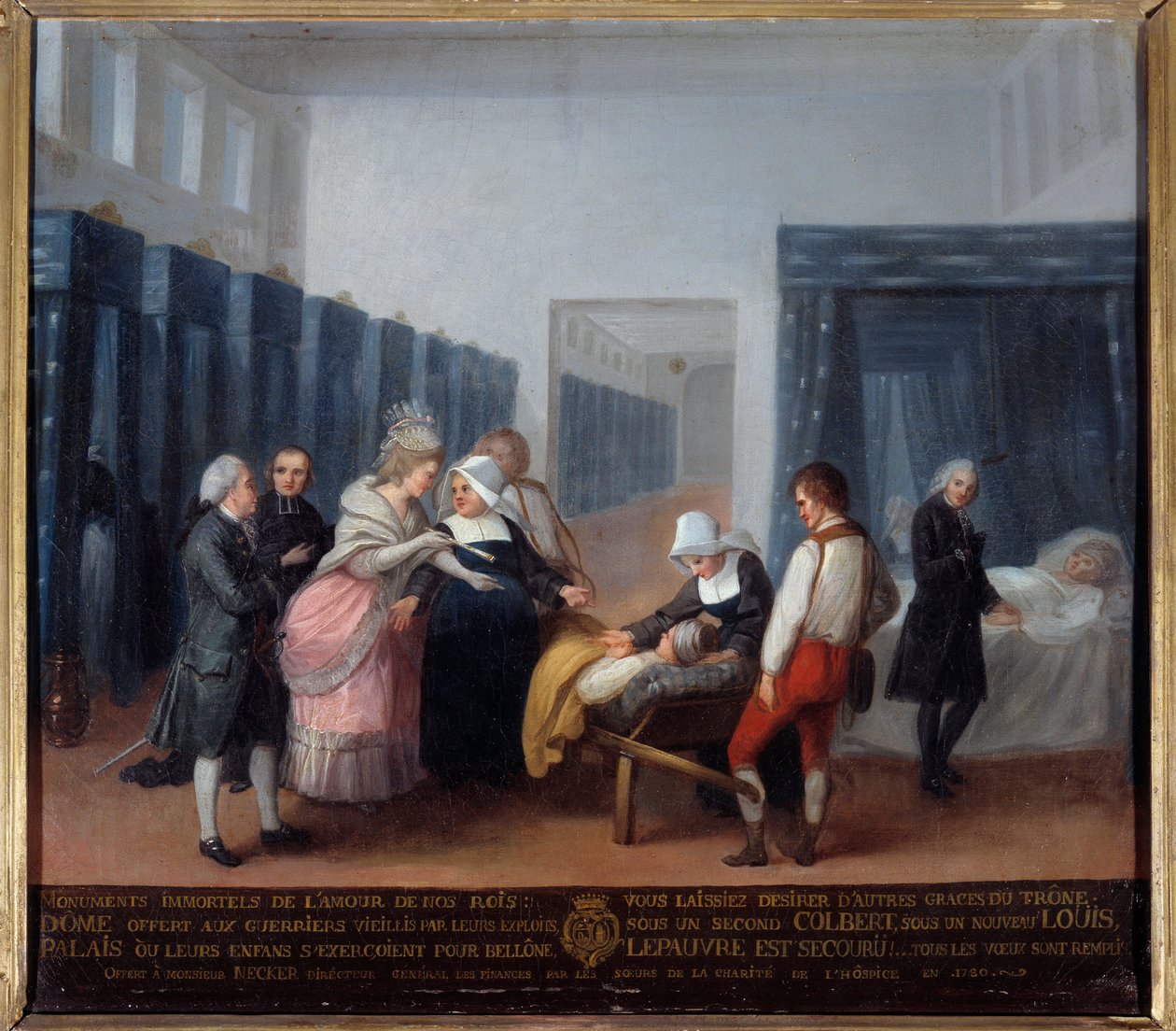 Besøg af Monsieur og Madame Necker på velgørenhedshospitalet Dette er et hospital (nu Necker Hospital i Paris) grundlagt af ministeren og hans kone, hustru til Lettres i 1778. Maleri af den franske skole. 1700-tallet. Paris, Musee de l