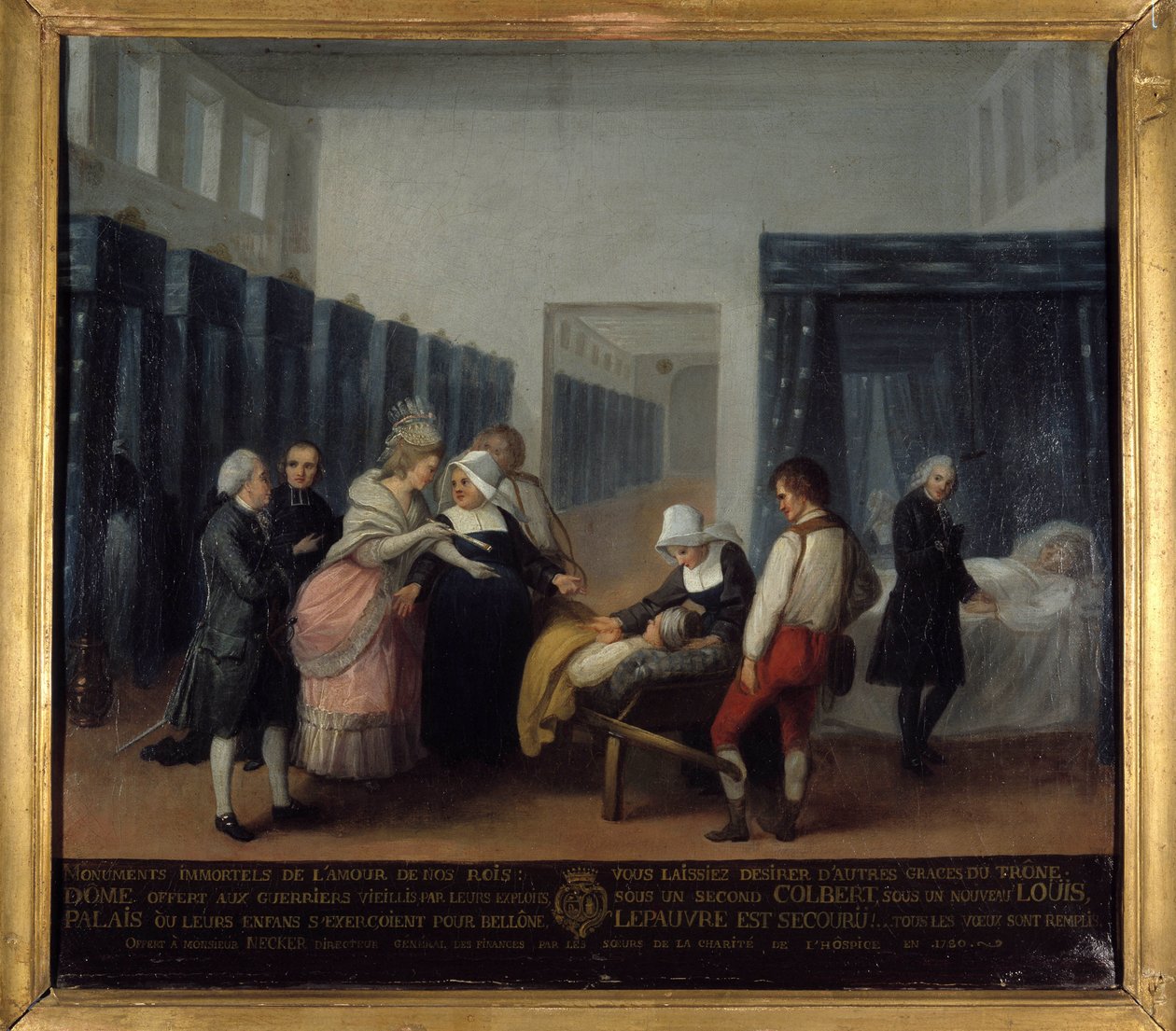 Besøg af hr. og fru Necker på Invalides Hospital - French School, Museum of Public Assistance, slutningen af 1700-tallet af French School