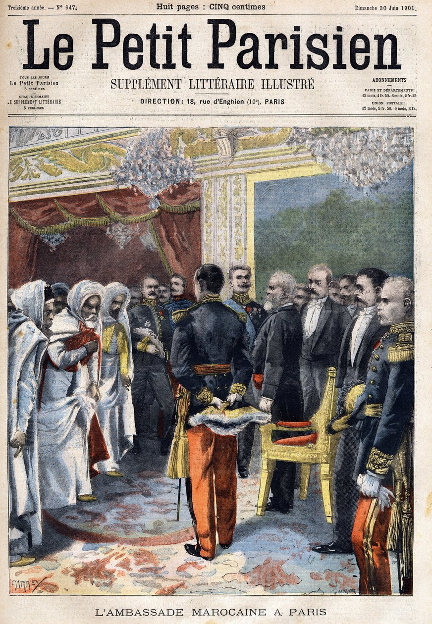 Besøg af den marokkanske ambassade modtaget af Frankrigs præsident Emile Loubet (1838-1929) i Paris, i "Le Petit Parisien"" den 30/06/1901 (gravering) af French School