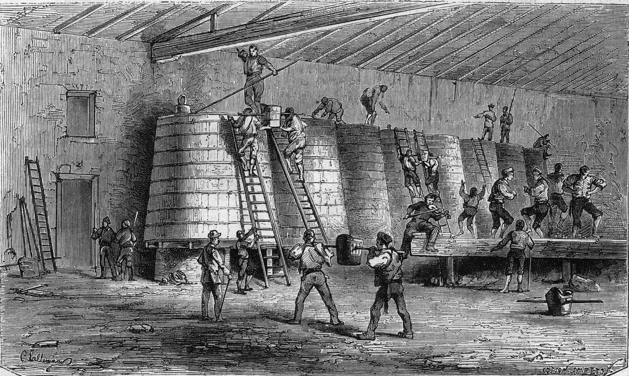 Vindyrkning i Medoc: knusning og anbringelse i kar. Indgravering i ""Le Monde Illustre"" nr. 561 af 11. januar 1868. af French School
