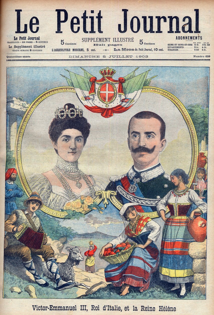 Vittorio Emanuel III og Helena af Savoyen - Kong Victor Emmanuel III og Dronning Helena af Italien. Victor Emmanuel III, konge af Italien, og dronning Helene. Illustration til Le petit Journal, 5. juli af French School