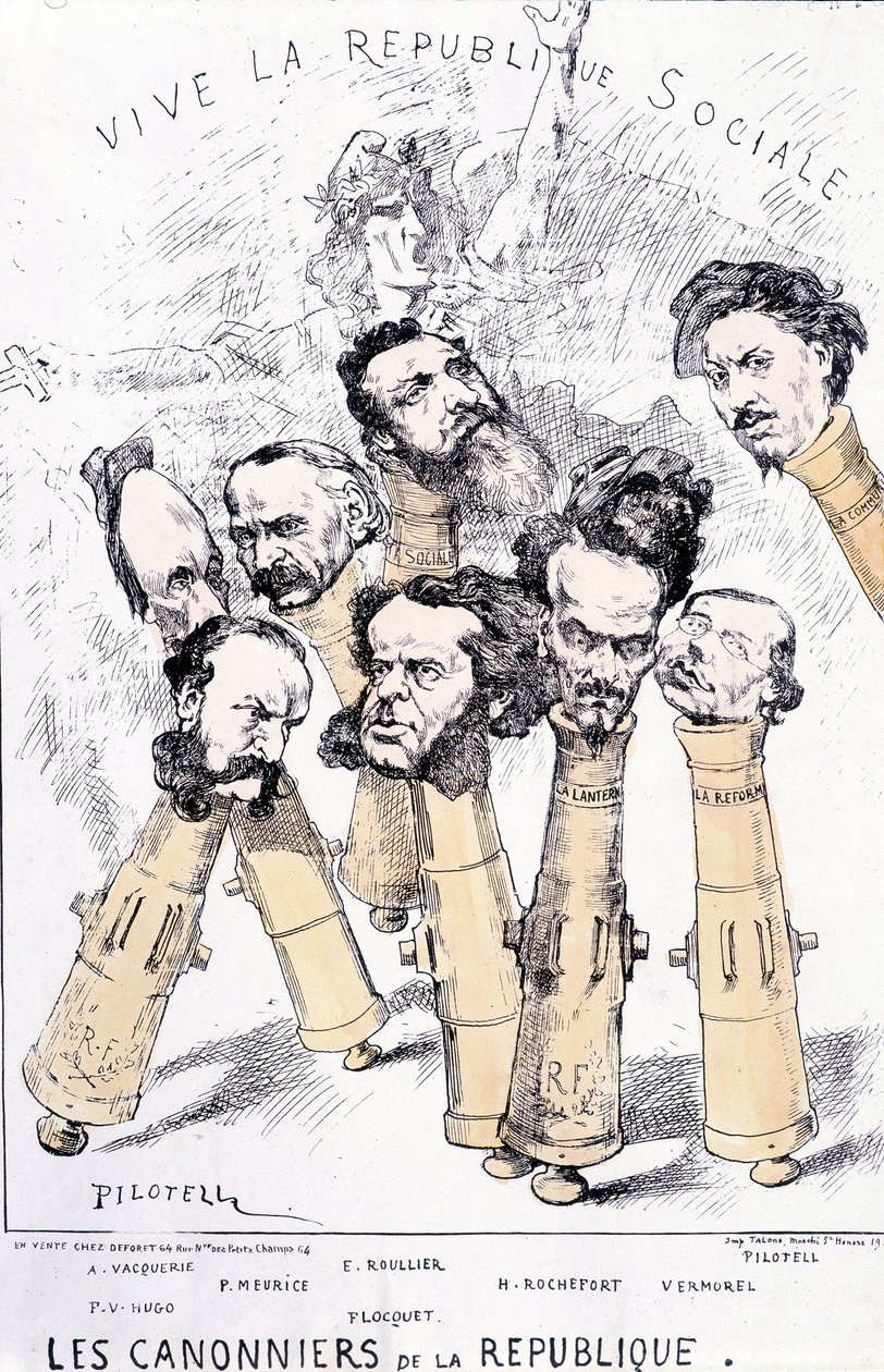 Længe leve den sociale republik - Republikkens kanonbåde: A. Vacquerie, F.V. Hugo, P. Meurice, E. Roullier, Flocquet, H. Rochefort, Vermorel, Pilotell. Tegneserie. af French School