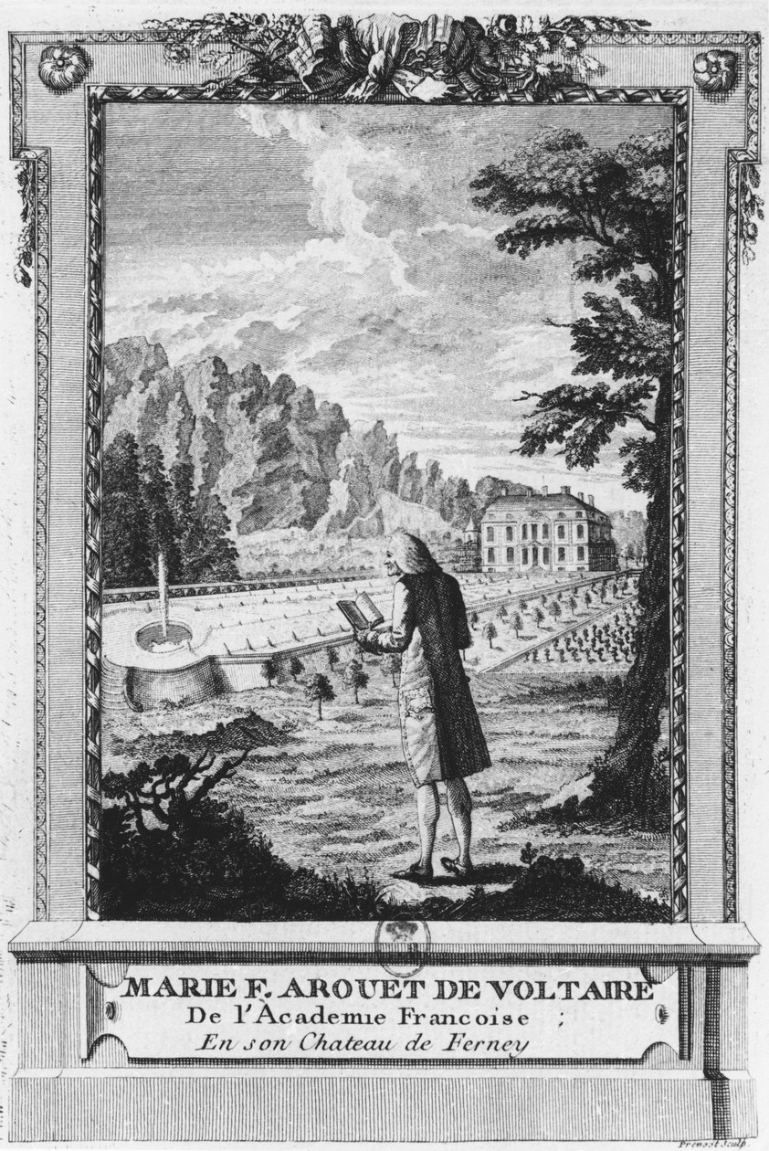 Voltaire at Ferney, indgraveret af Prevost (1700-tallet) af French School