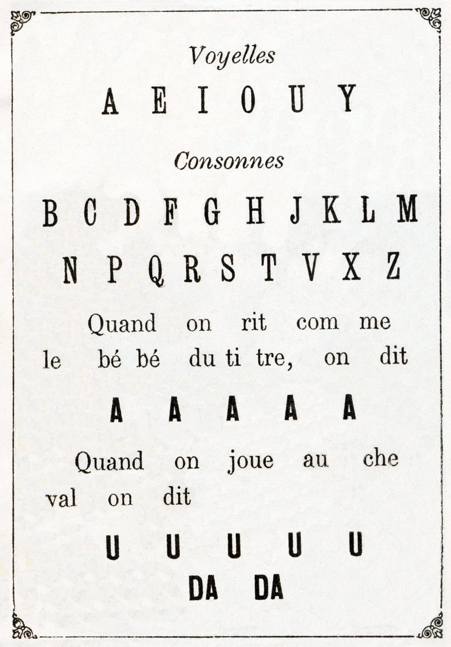 Vokaler og Cononne i "" Alphabet des petits savants", slutningen af det 19. århundrede (kromolitografi) af French School