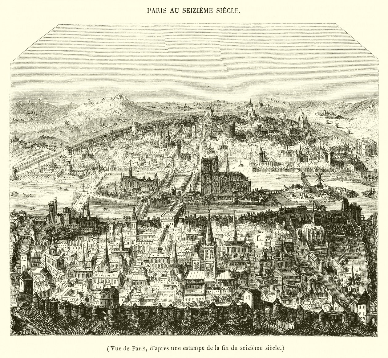 Udsigt over Paris, fra en gravering fra slutningen af det 16. århundrede af French School