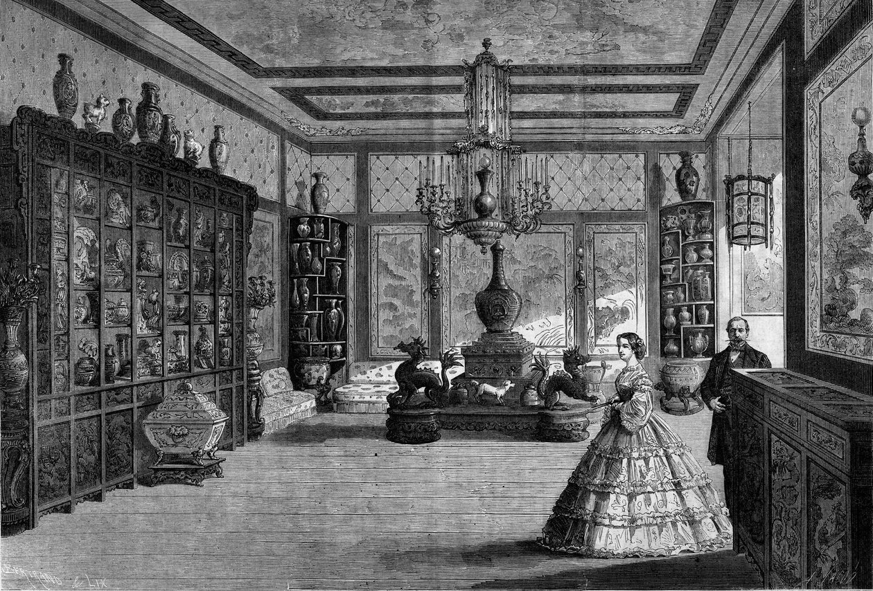 Udsigt over det kinesiske museum for kejserinde Eugenie de Montijo, installeret i 1863 på Chateau de Fontainebleau. Indgravering i ""Le Monde Illustre"" nr. 325 af 4. juli 1863. af French School