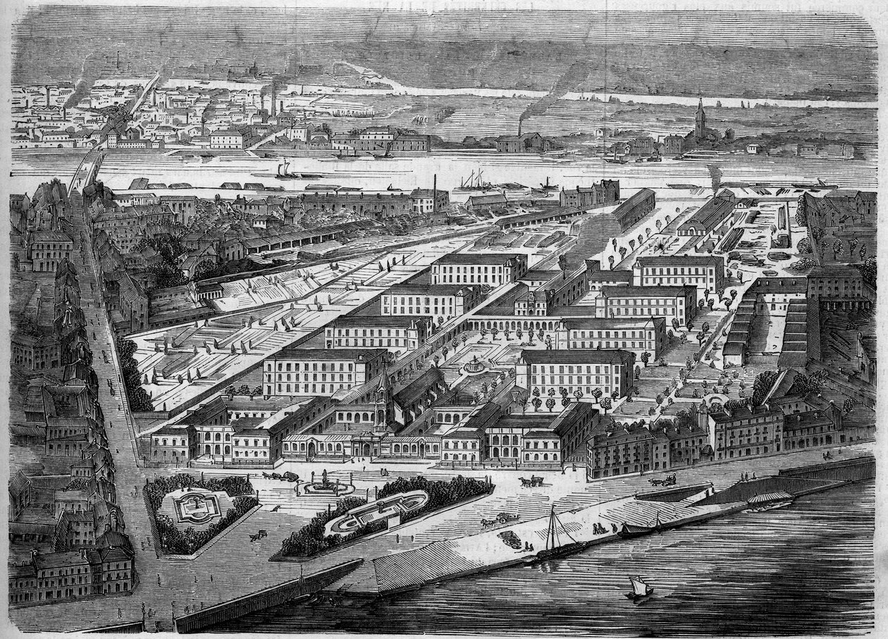 Udvendigt billede af Hotel Dieu (Hotel-Dieu) i Nantes, indviet i 1863. Dette hospital blev næsten fuldstændig ødelagt under et bombardement i 1943. Loire Atlantique (44). Indgravering i ""Le Monde Illustre"" nr. 347 af 5. december 1863. af French School