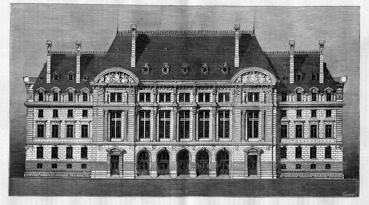 Udvendigt billede af de nye bygninger i Sorbonne i Paris (hovedfacade) af Henri-Paul (Henri Paul) Nenot (1853-1934) af French School