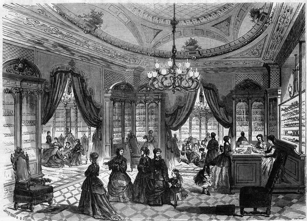 Indvendigt billede af hr. Herberts skobutik, 93 rue de Richelieu i Paris. Indgravering i ""Le Monde Illustre"" nr. 613 af 9. januar 1869. af French School