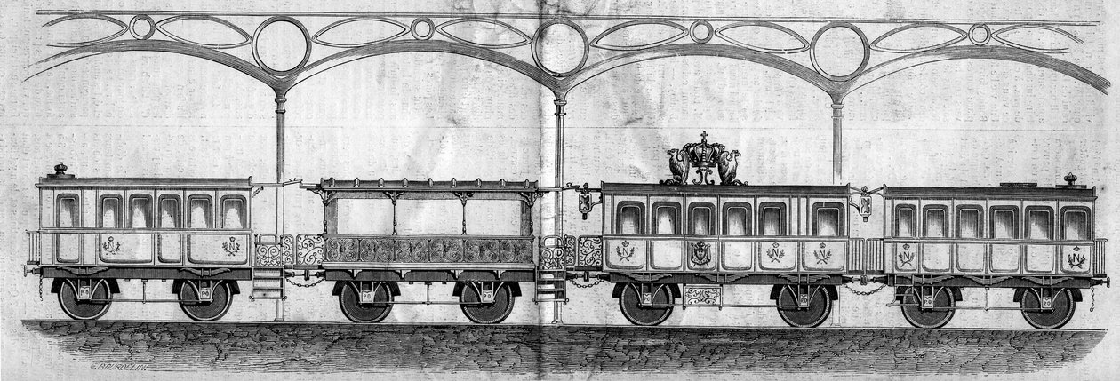 Vogne besat af kejser Napoleon III (1808-1873) under rejsen fra Paris til Cherbourg i 1858. Indgravering i "" Le Monde Illustré"" nr. 70 af 14. august 1858. af French School
