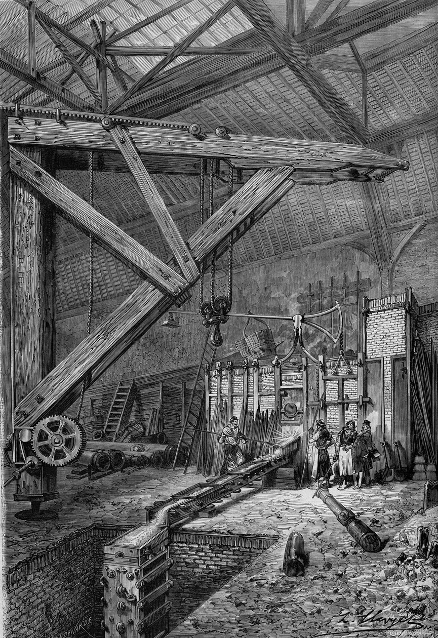 Krigen i 1870 - Paris hovedkvarter: smeltningen af kanonen "Petity Moniteur", finansieret af avisens læsere, i herrerne Broquin og Laines værksteder i Paris. Indgravering i "" Le Monde Illustré"" nr. 721 af 4. februar 1871. af French School