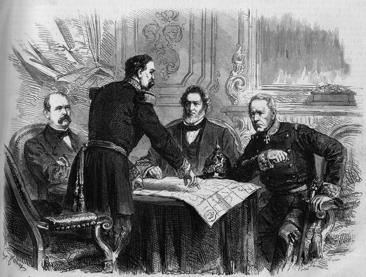 Krig i 1870 - Belejring af Paris: underskrivelse af våbenhvilen mellem de franske og preussiske repræsentanter efter overgivelsen af Paris, 28. januar 1871. Fra venstre mod højre: Otto von Bismarck (1815-1898), Horix de Valdan (1810-1883) , Jules Favre (18 af French School