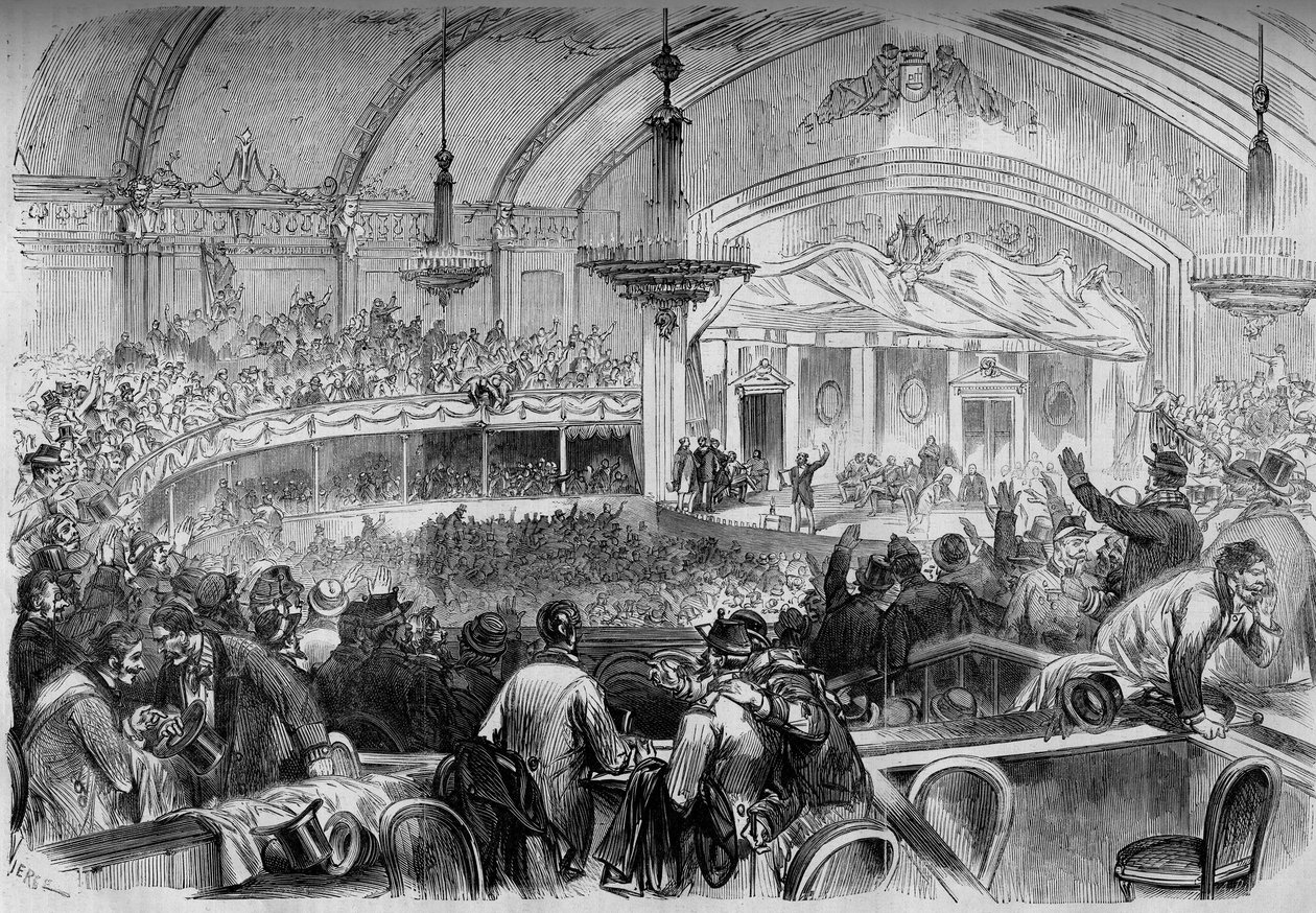 Krig i 1870 - valg til lov under våbenhvilen - februar 1871: valgmøde på Cabaret des Folies Bergeres i Paris for proklamation af kandidater til nationalforsamlingen. Indgravering i "" Le Monde Illustré"" nr. 722 af 11. februar 187 af French School