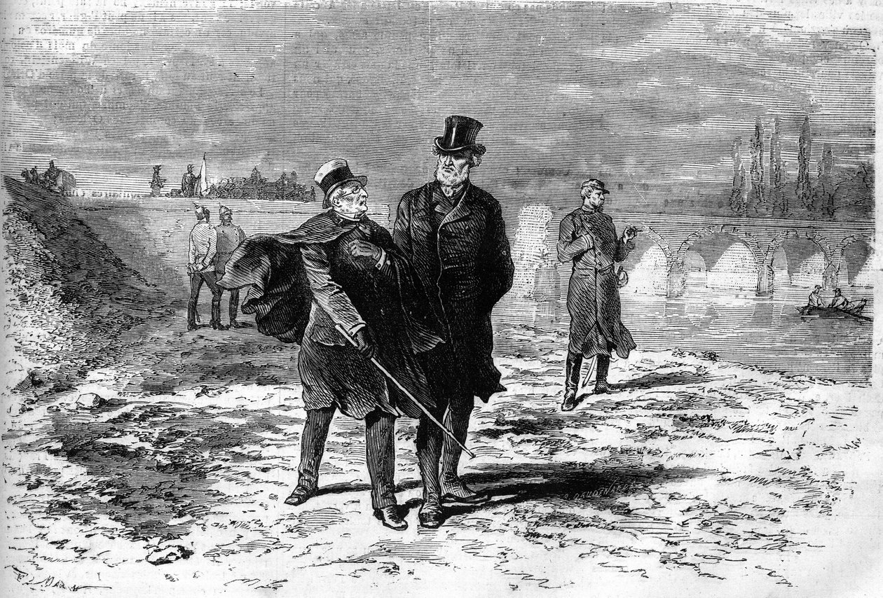 1870-krigen: Interview mellem Adolphe Thiers (1797-1877) og Jules Favre (1809-1880), der besluttede at bryde forhandlingerne om våbenhvilen med Tyskland. Indgravering i "" Le Monde Illustré"" nr. 709 af 12. november 1870. af French School