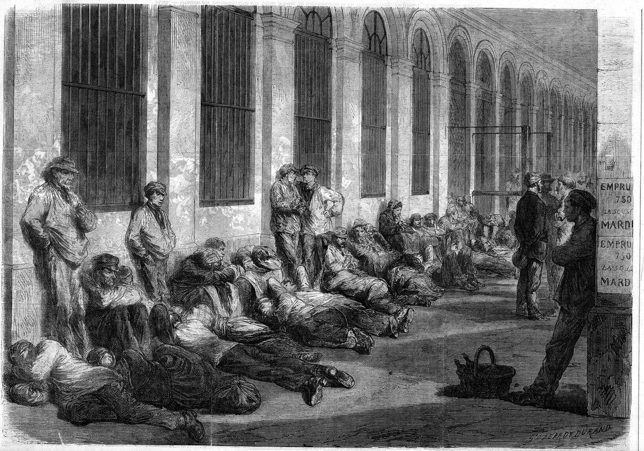 Krigen i 1870: Pariserne stiller sig op foran Finansministeriet for at tegne det nationale lån til at finansiere krigen. Scene, der forestiller dagen før åbningen af vinduerne af French School