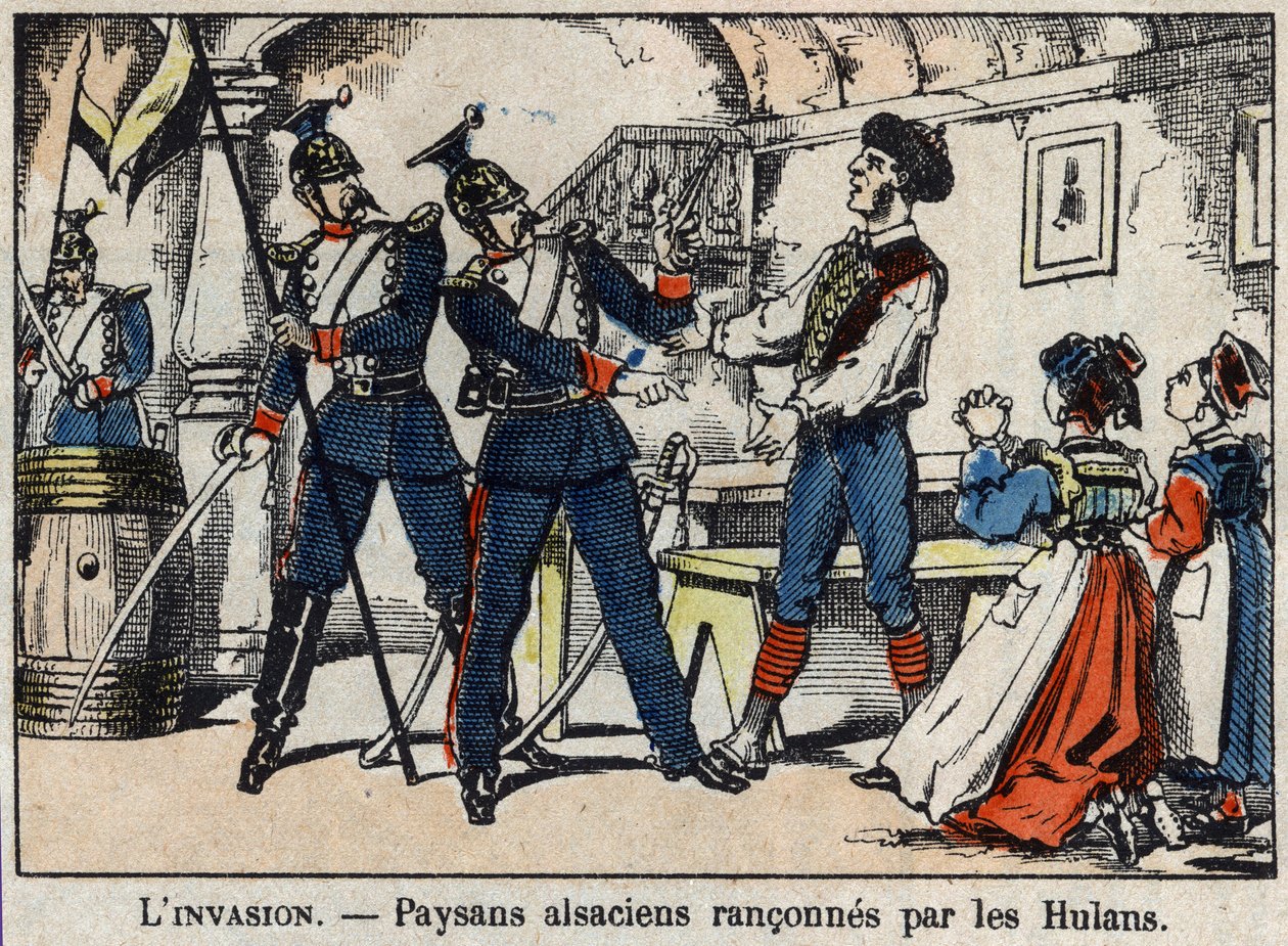 Krig i 1870 mellem Frankrig og Preussen: Elsassiske bønder udsat for hulanernes (Uhlans, Houlans) billede af Epinal. af French School