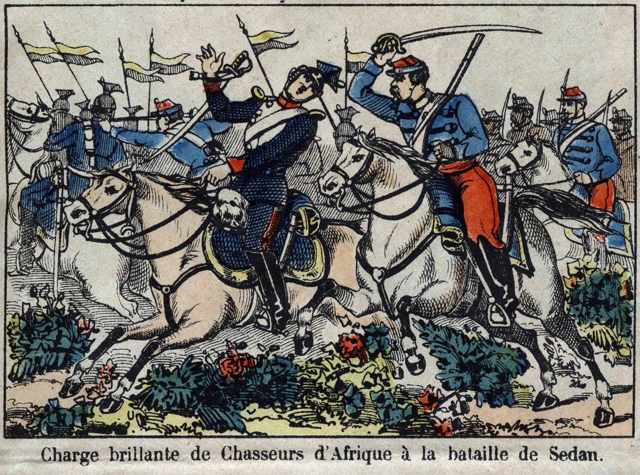 Krigen i 1870 mellem Frankrig og Preussen: anklage over afrikanske jægere i slaget ved Sedan i 1870. Billede af Epinal. af French School