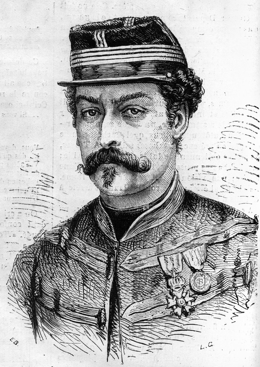 Krigen i 1870: portræt af Leon Franchetti (1834-1870), fransk soldat, kommandør for spejderne ved Seinen. Indgravering i "" Le Monde Illustré"" nr. 714 af 17. december 1870. af French School
