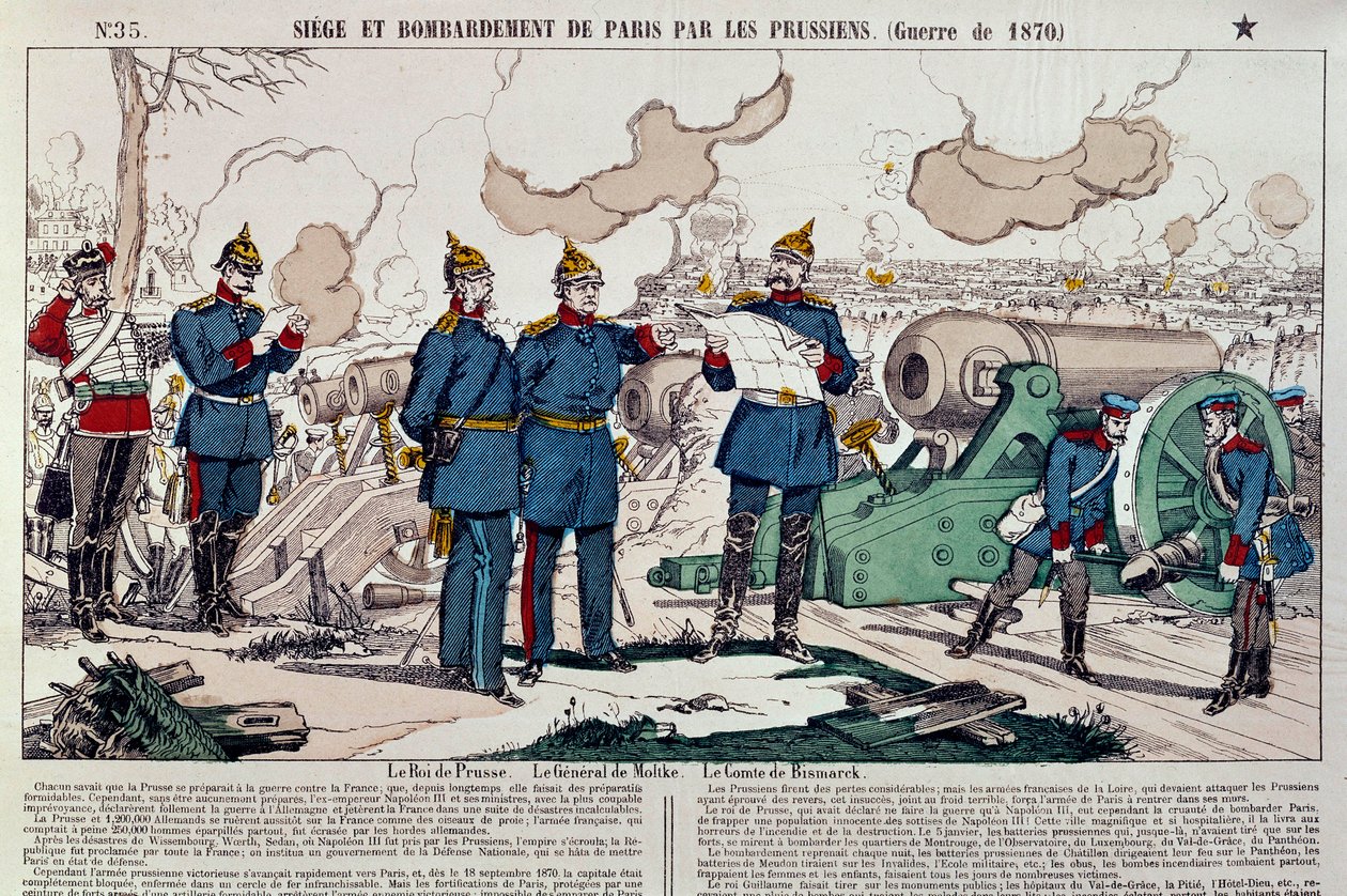 Krigen i 1870: Preussernes belejring og bombardement af byen Paris. Den preussiske kong William I (1797-1888), general Moltke (1800-1891) og kansler Otto von Bismarck (1815-1898) rådførte sig. Kobberstik fra 1870. Paris, Musee Carnavalet af French School