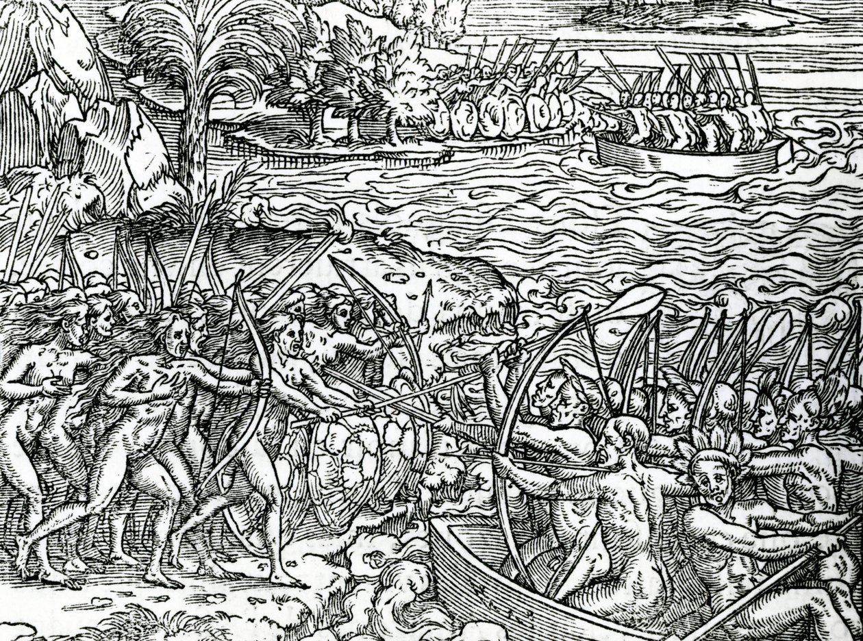Krigsscene, Brasilien, illustration fra "Singularities of France Antarctique", af Andre de Thevet, 1558 af French School