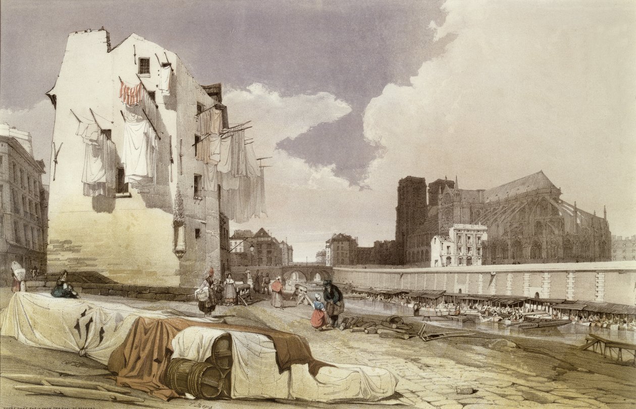 Vaskekvinder ved Lavoirs ved Quai Montebello, ca. 1840 af French School