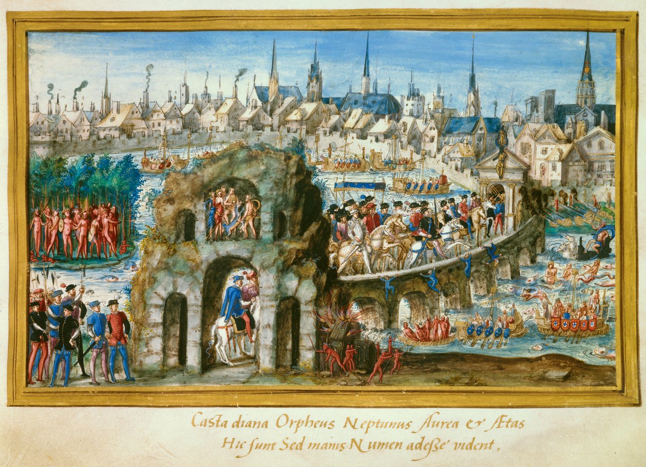 Vandshow arrangeret af byen Rouen i anledning af kong Henry II (1519-1559) og Catherine de Medicis (Caterina de Medici) (1519-1589) kongelige indtræden den 1/10/1550. Rekonstruktion til venstre af en indianerlandsby i Brasilien. Miniature af af French School