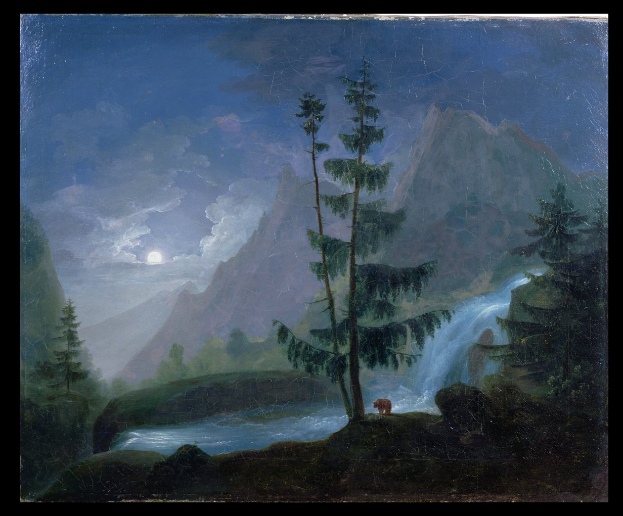 Vandfald nær Pont dEspagne ved måneskin, ca. 1833 af French School