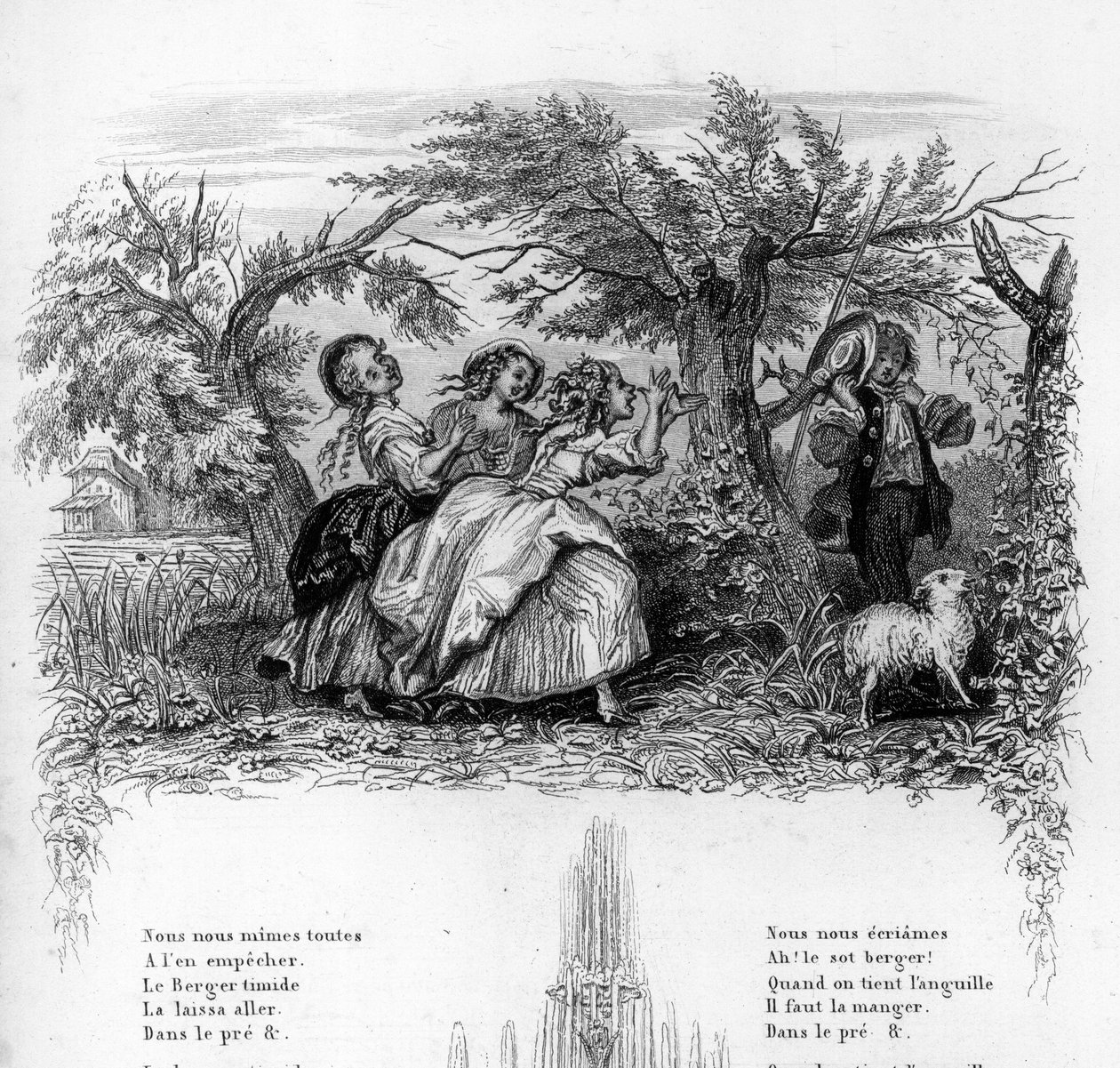 Vi var tre piger. Tre piger leger med en hyrde og gør ham utilpas. Indgravering i "" Chants et chansons populaire de la France", Tome 2 af French School