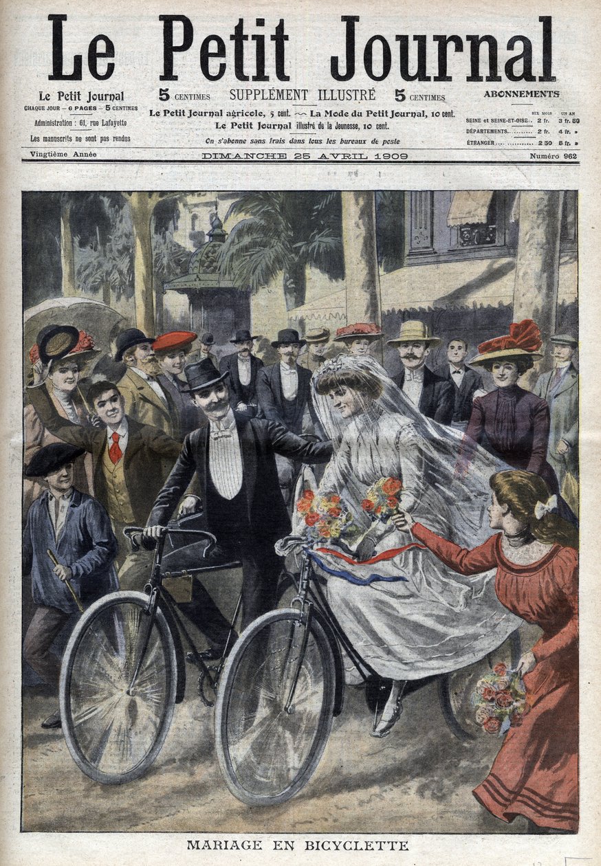Bryllup på cykel i gården til rådhuset i Nice, i "Le Petit Journal" af 25. april 1909 (gravering) af French School