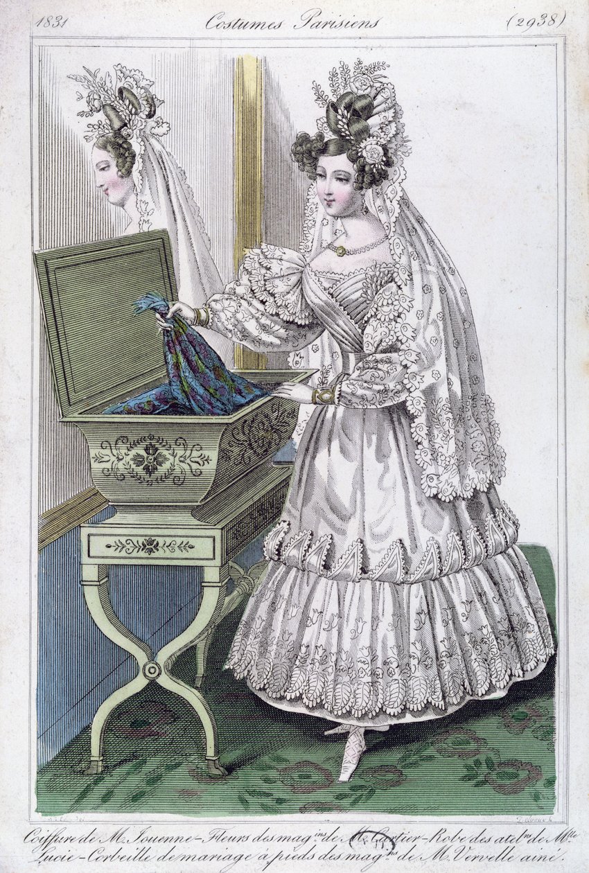 Brudekjole, modetallerken fra Costumes Parisiens, 1831 af French School