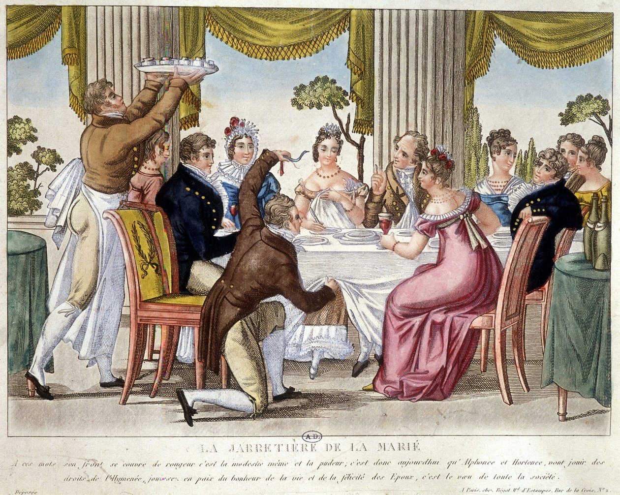 Bryllupsmåltid, strømpebåndsritual - ca. 1812. af French School