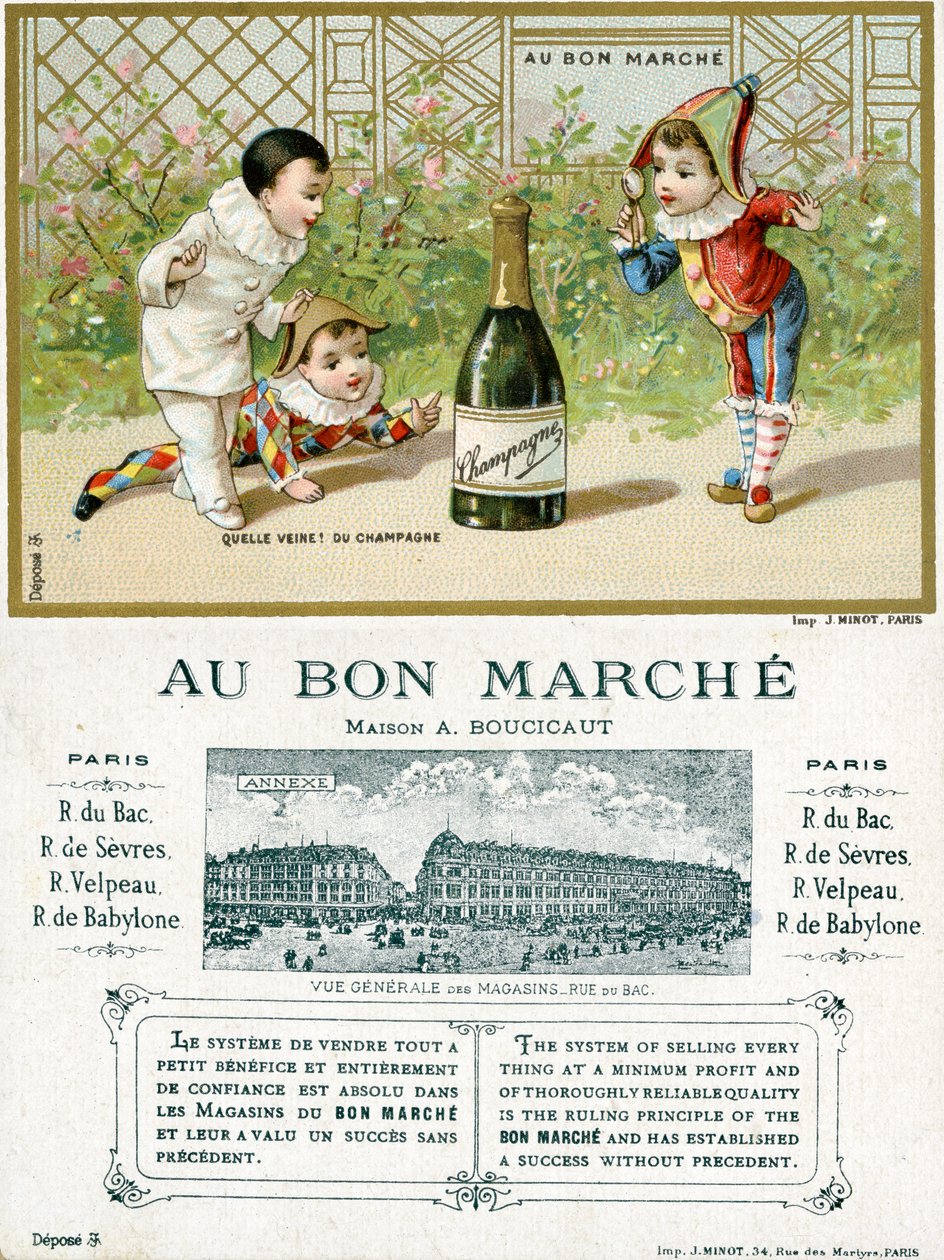 Hvilket held! en Flaske Champagne; for- og bagside af et salgsfremmende kort til Bon Marché-varehusene i Paris, ca. 1895 af French School