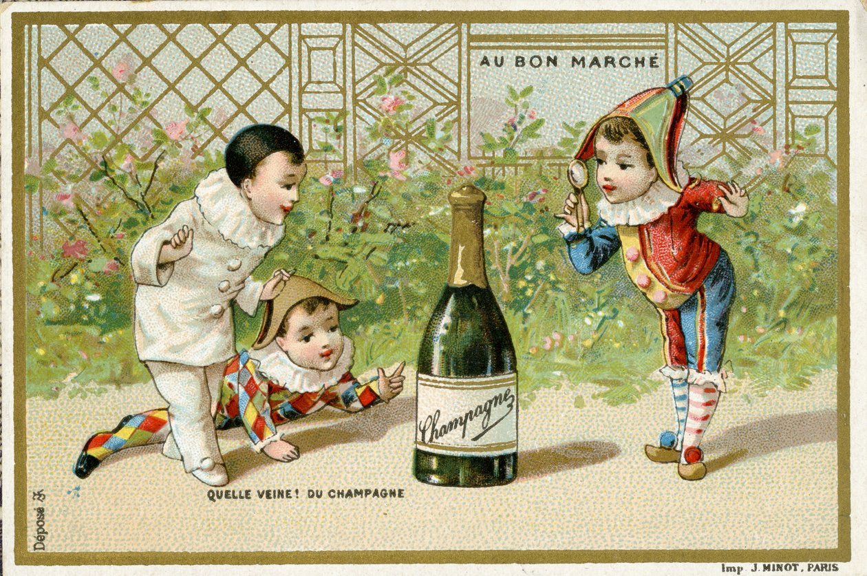 Hvilket held! en flaske champagne, salgsfremmende kort til det parisiske stormagasin Au Bon Marché, ca. 1895 (se også 488428) af French School