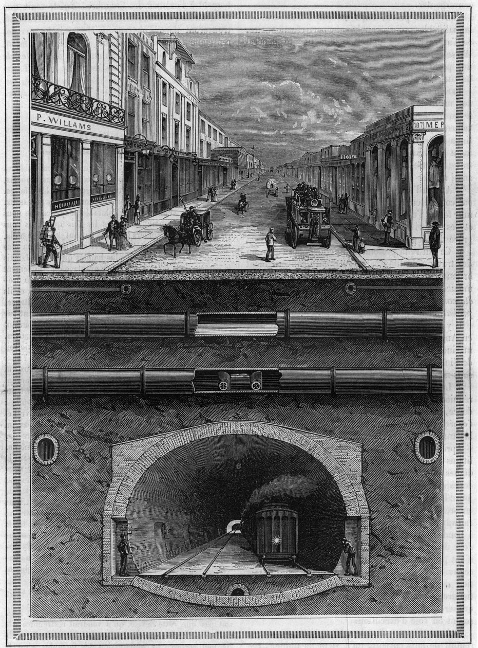 Hvad er under banegården i London (Storbritannien): Gasrør, vandrør, pneumatisk rør til affald, afløb, tunnel og jernbanelinje til storbyområder. Indgravering i "" La Nature. Revue des sciences et de ses applications aux arts et à l