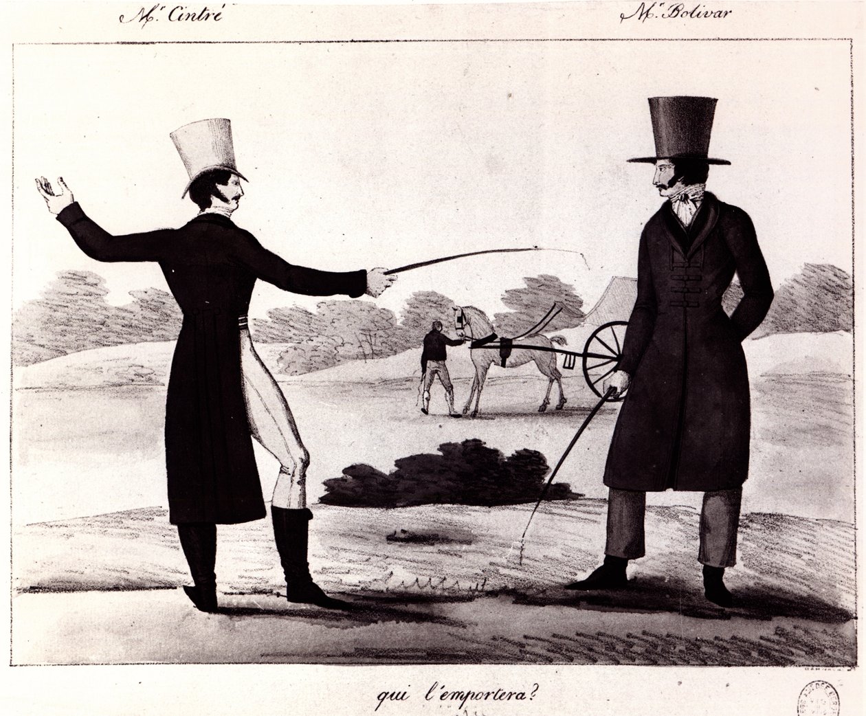 Hvem vinder? Scene fra duellen mellem M. Cintre og M. Bolivar, ca. 1820 af French School