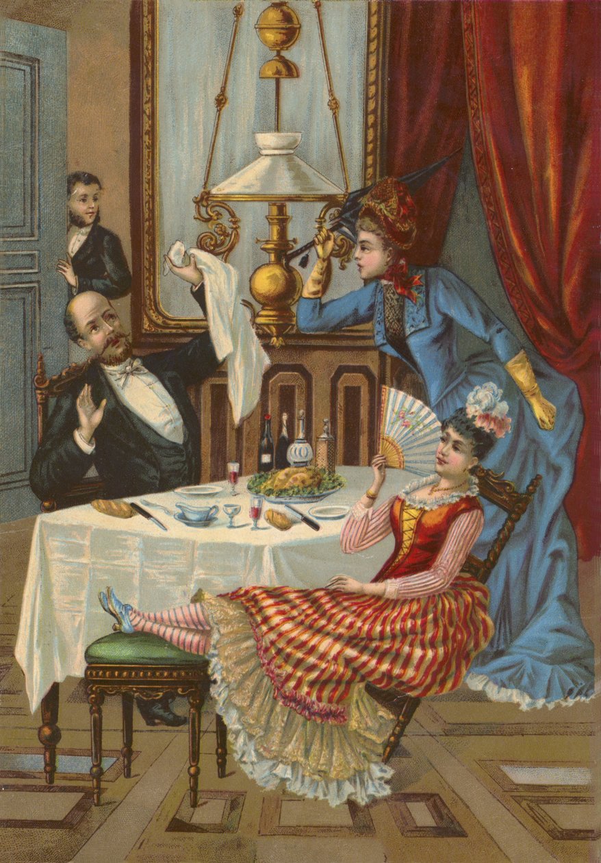 Kone irettesætter sin mand for at have inviteret sin elskerinde til middag (chromolitho) af French School