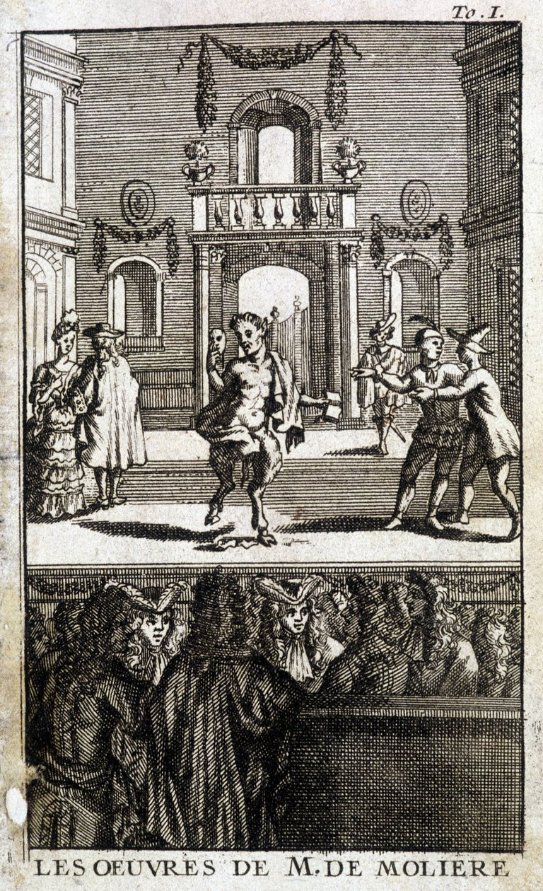 Dyreliv og karakterer på scenen med publikum - i "The Works of M. de Molière"" af French School