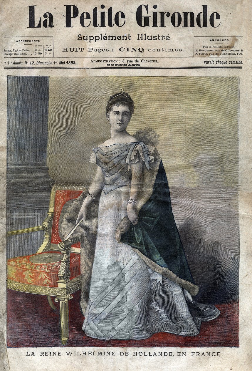 Wilhelmine af Orange-Nassau (1880-1962), dronning af Holland fra 1890 til 1948, datter af Vilhelm III, hun abdicerede til fordel for sin datter Juliana. Omslag til "La petite Gironde" fra maj 1898 (gravering) af French School