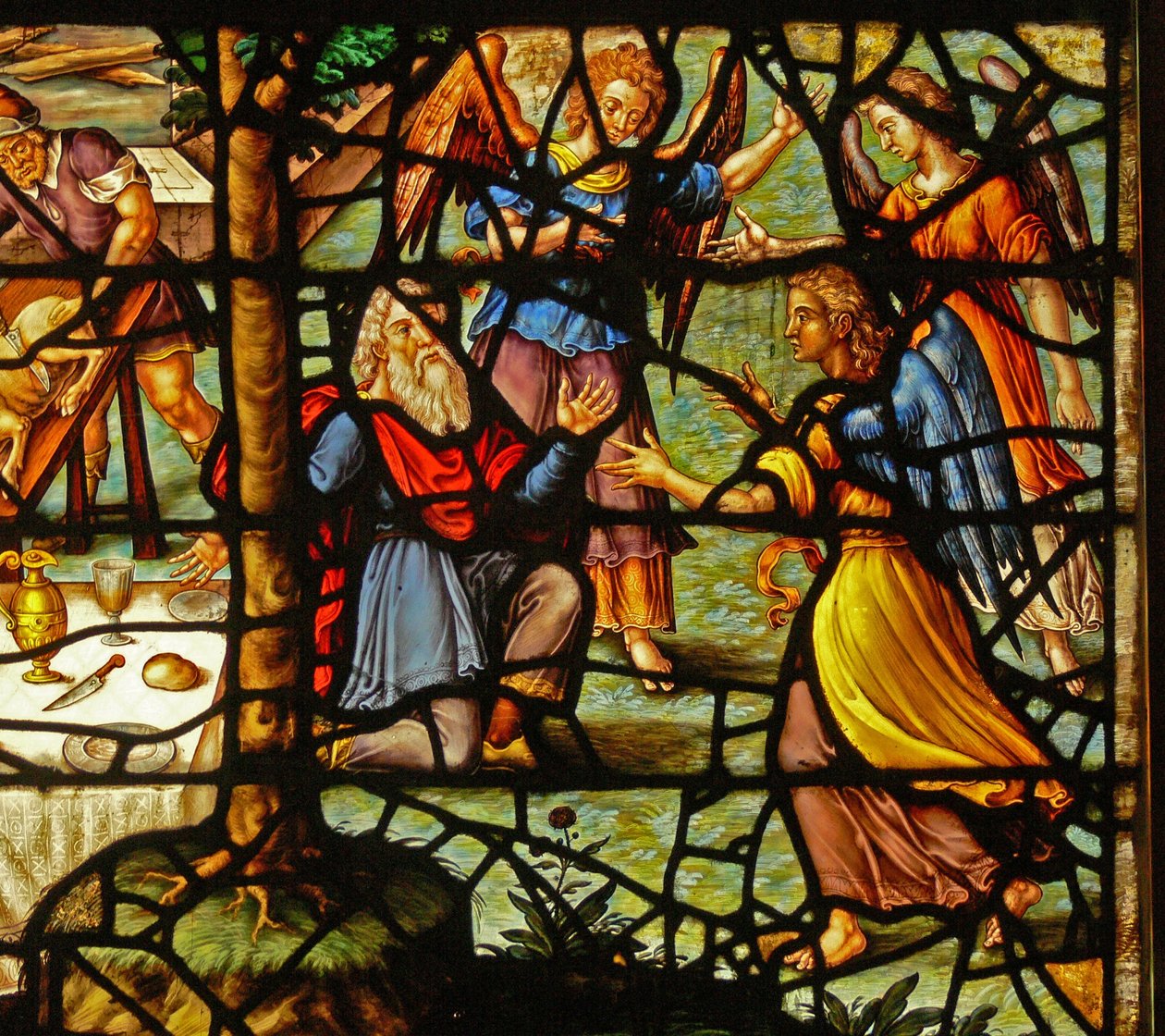 Vindue Charnier-13, der viser Abraham, der bliver besøgt af 3 engle af French School