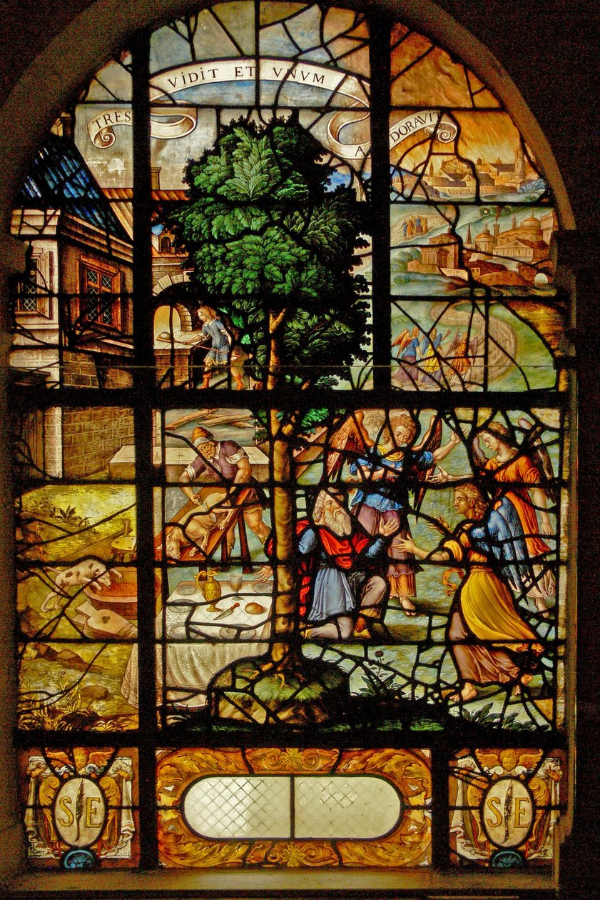 Vindue Charnier-13, der viser Abraham, der bliver besøgt af 3 engle af French School