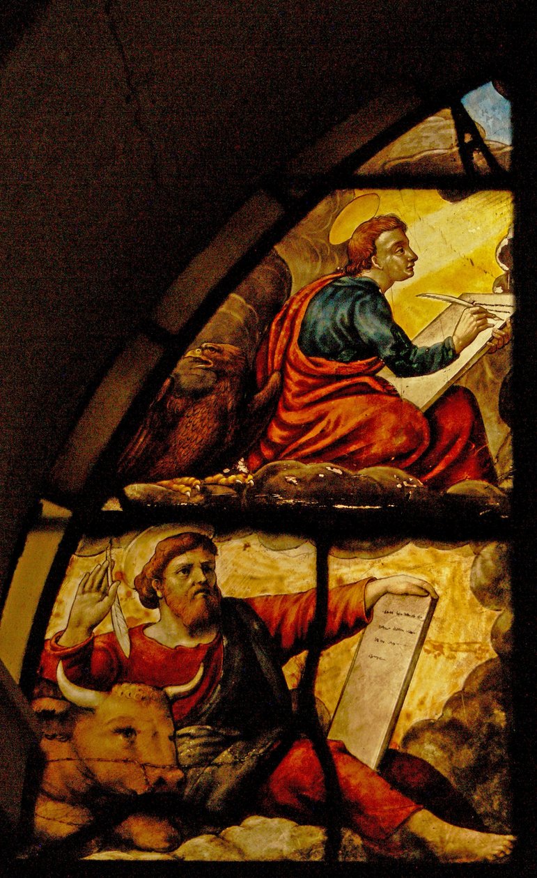 Vindue Charnier-2, der viser evangelisterne med værtens mirakel: St. Luke og St. John af French School