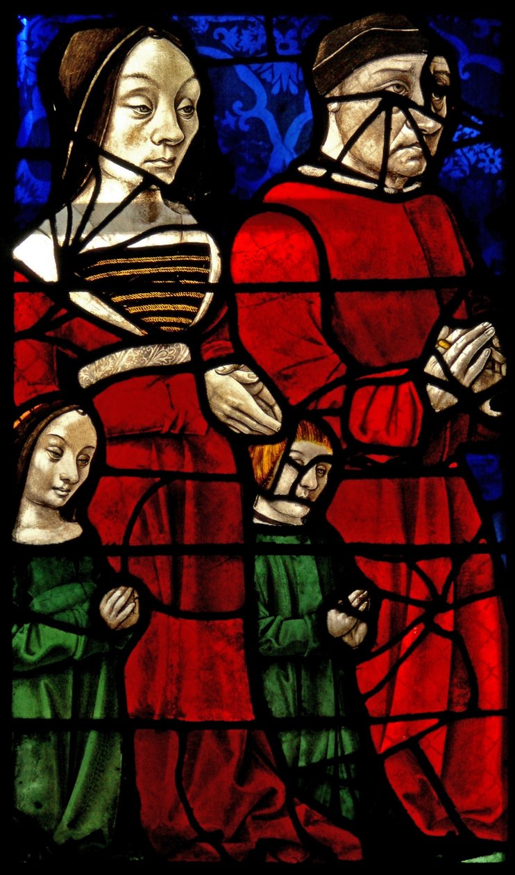 Vindue E1 viser donorerne hertug Jean II de Bourbon og hans kone Catherine af French School