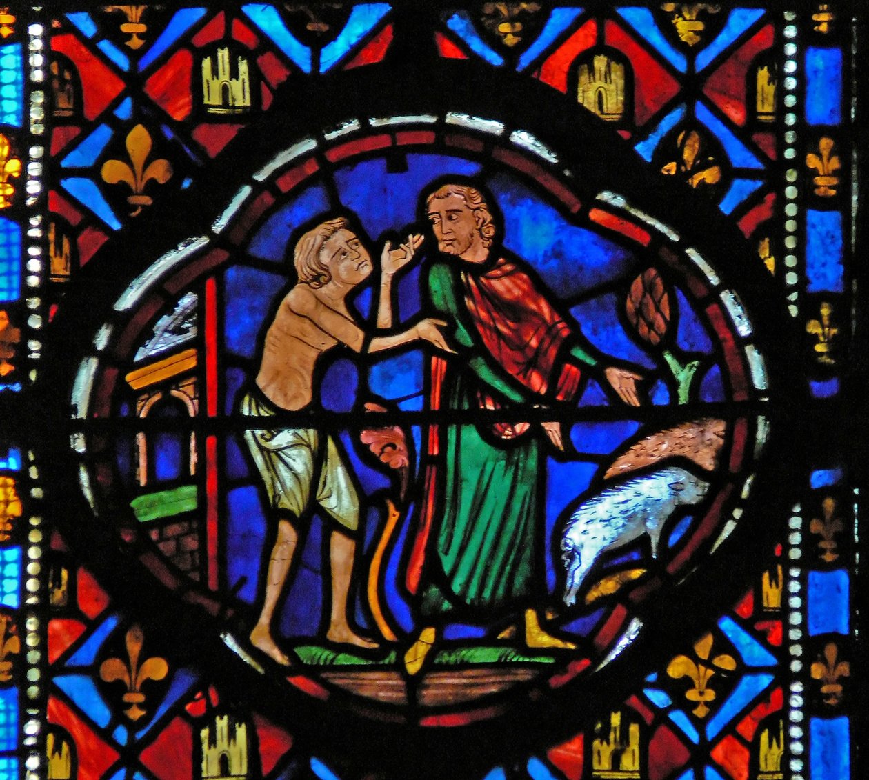 Window Ew-L skildrer en scene fra historien om den fortabte søn: efter at have brugt alle sine penge passer han grise og reflekterer over sin situation af French School