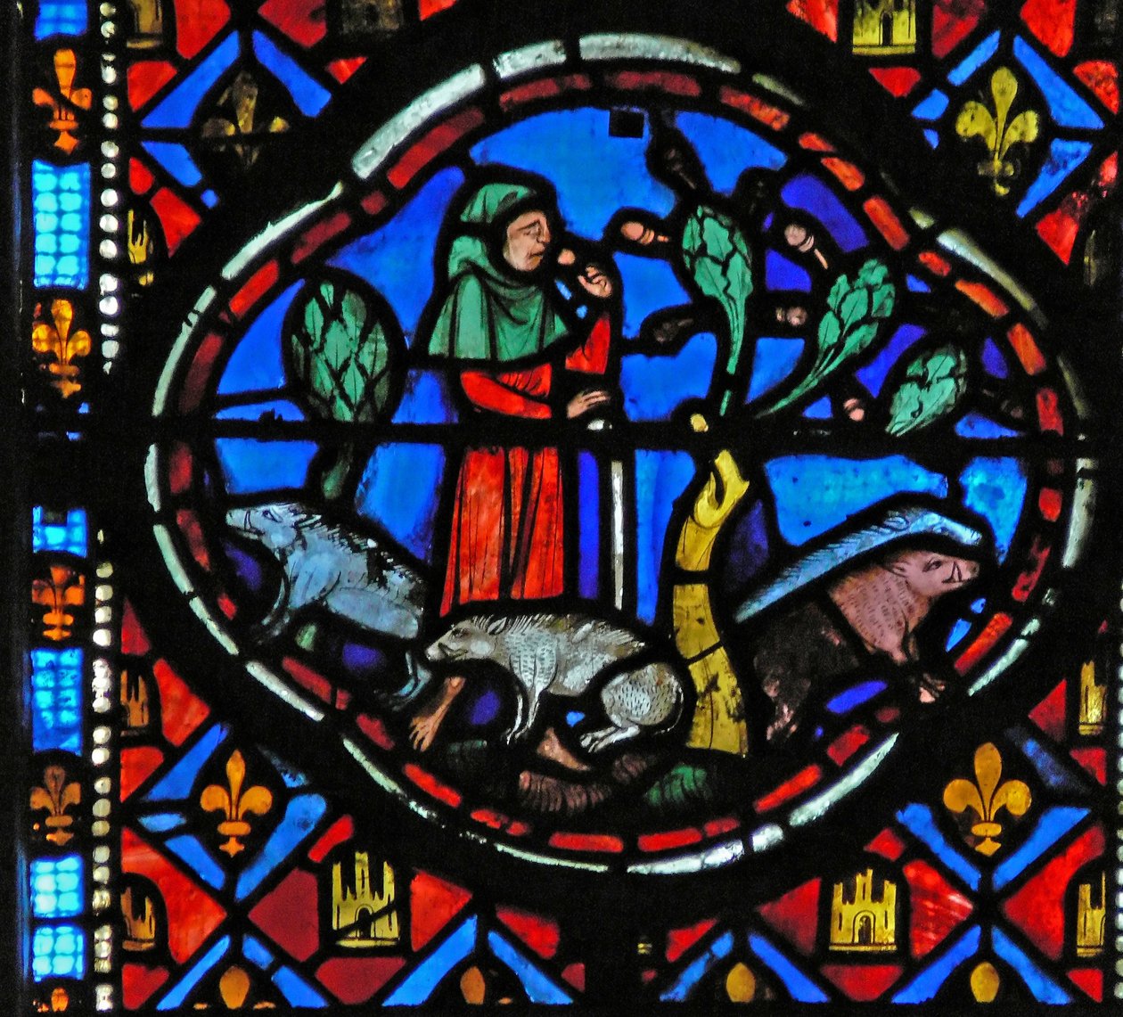Window Ew-L skildrer en scene fra historien om den fortabte søn: han passer på grise og tænker af French School