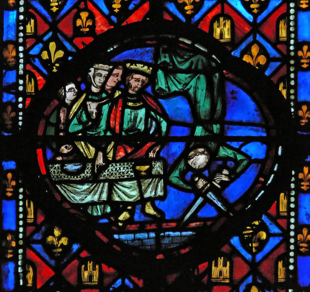 Window Ew-L skildrer en scene fra Johannes Døberens liv: Salome danser for Herodes af French School